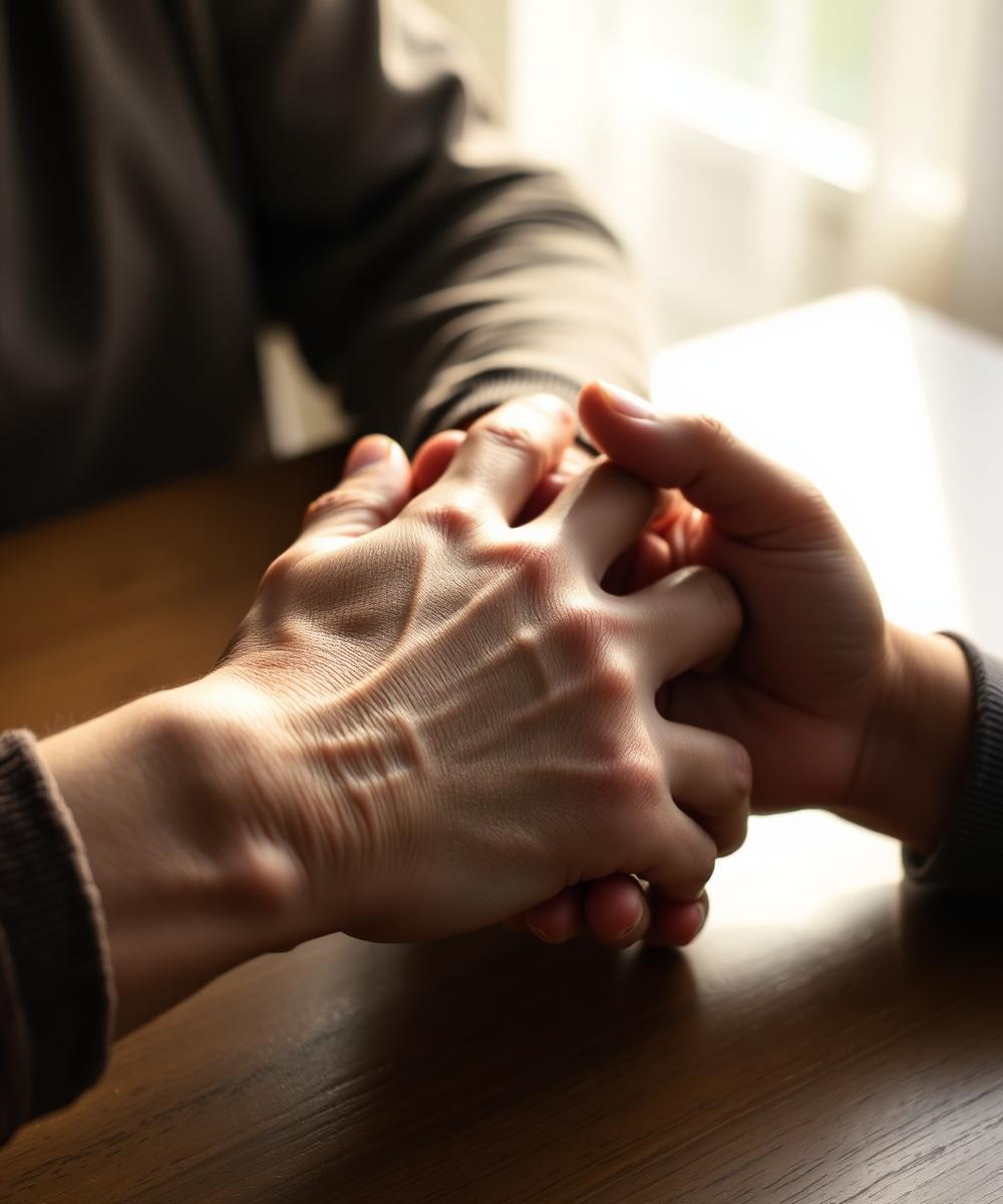 Two hands gently held across a table