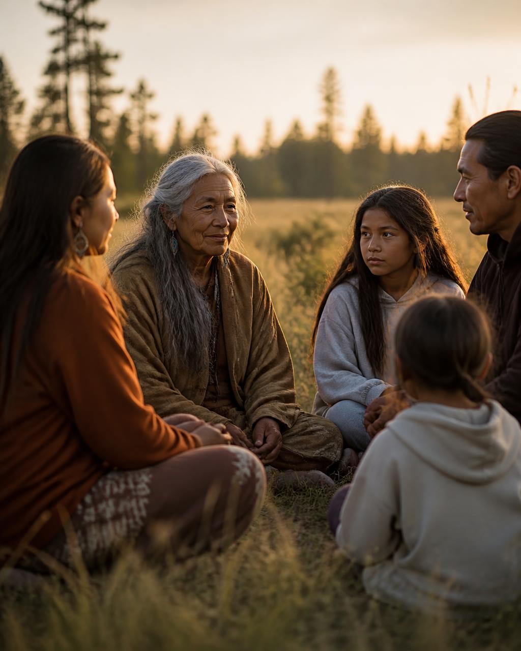 Indigenous community members of different ages sitting together in a healing circle on ancestral land at golden hour